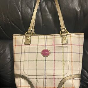 Coach Cream and Gold Plaid Tote Bag